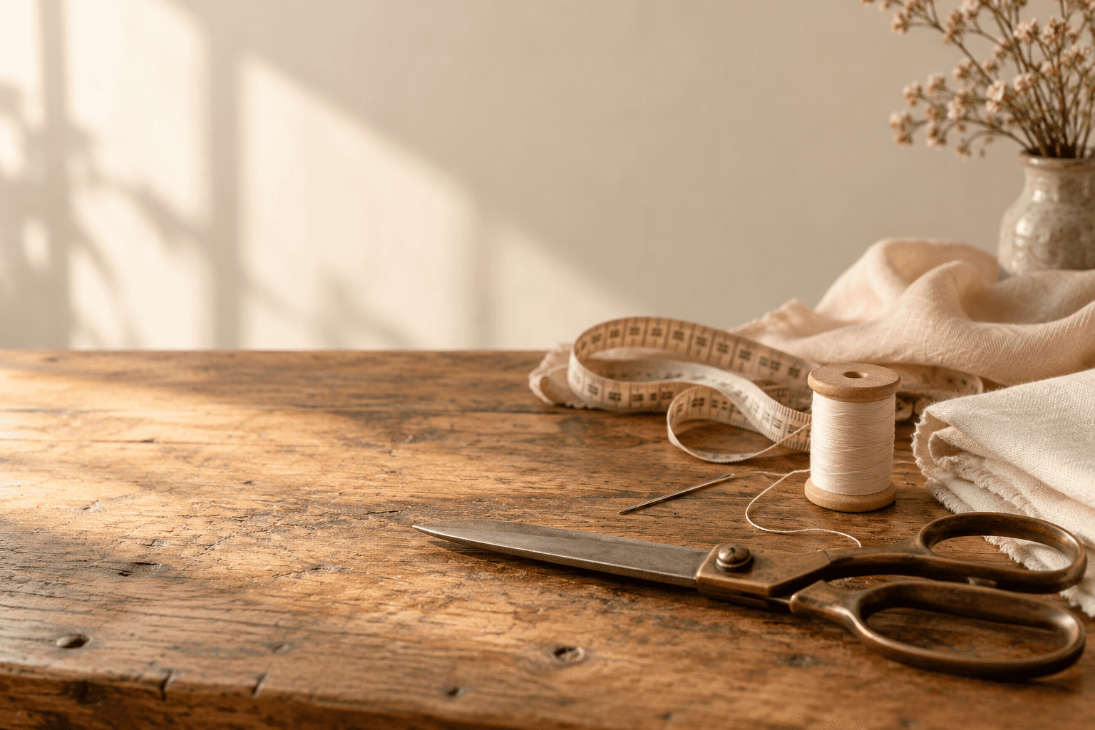 Sewing tools and fabric arranged on a worktable